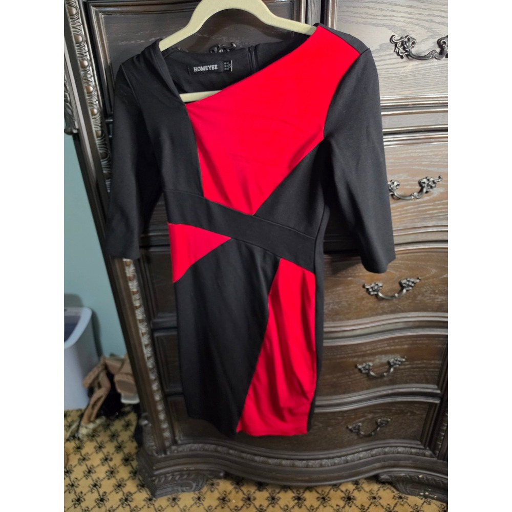 Homeyee Womens Red Black Colorblock Sheath Dress Asymmetric Neck 3/4 Sleeve Sz S